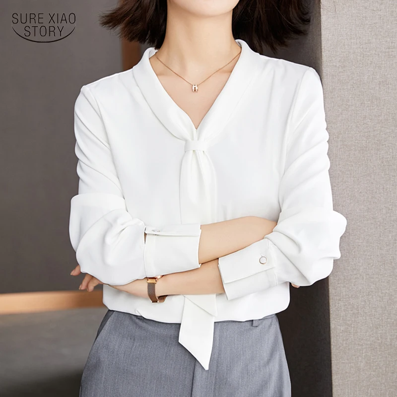 

2021 Streamer Drape Bow Tie Shirt Women White Long-sleeve Elegant Chiffon Shirt Female Navy Collar Lady Casual Fashion Top 16210