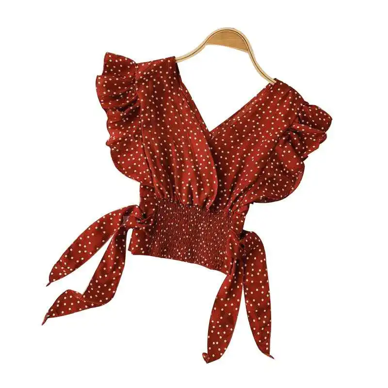 Женская короткая шифоновая рубашка в горошек с V-образным вырезом | Мать и ребенок