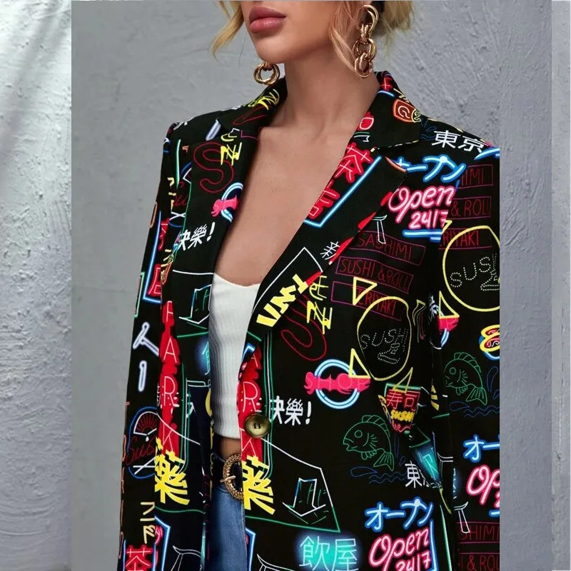 

Женский Повседневный пиджак на пуговицах, элегантный черный пиджак большого размера с отложным воротником и японским принтом в стиле Харад...