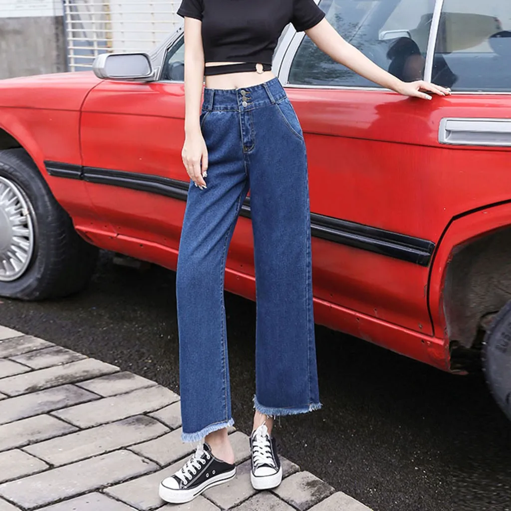 Модные джинсы женские синие джинсовые брюки с высокой талией прямые