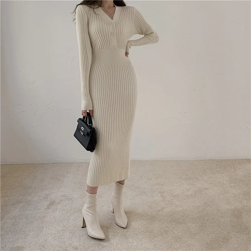 

Autumn Spring Knitted V-neck Sweater Dress Women Slim Full Sleeve High Waist Long Sheath Black Sweaters Dresses