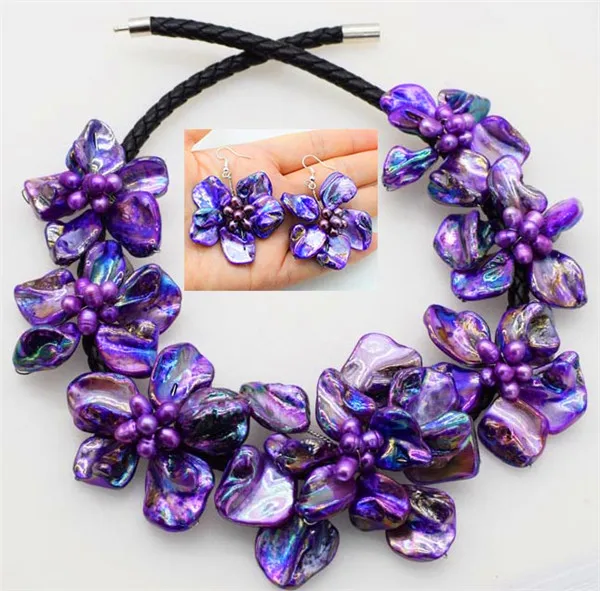 

HABITOO Ethnic 18inch Natural Freshwater Purple Rice Pearl Shell Pearl Flat Flower Necklace Earrings for Women Jewelry Sets