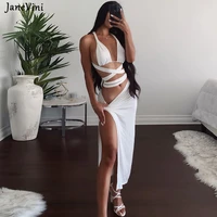 janevini 2021 summer sexy women two piece outfits tie up crop top high side split long skirt matching sets fashion solid clothes