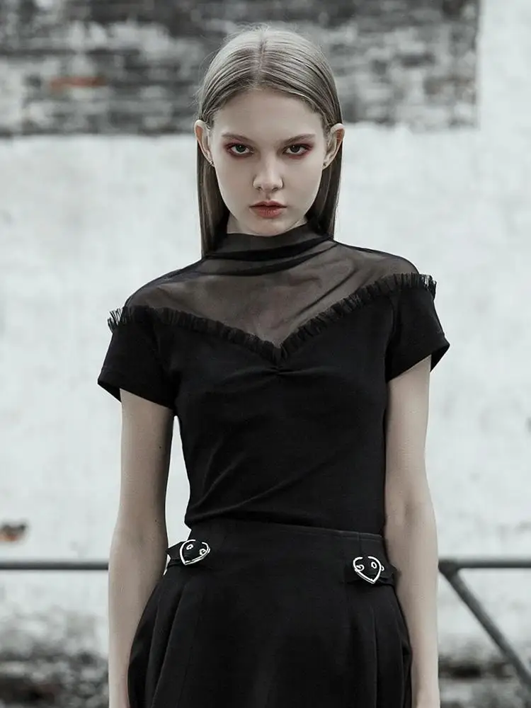 Женская Черная Футболка в стиле панк с оборками и сеткой Goth OPT363TD|Футболки| |