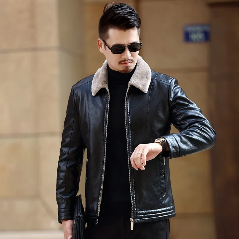 

Add Velvet Padded Men's Coat Winter Fur One Winter Coat PU Leather Jacket Faux Fur Coat Men