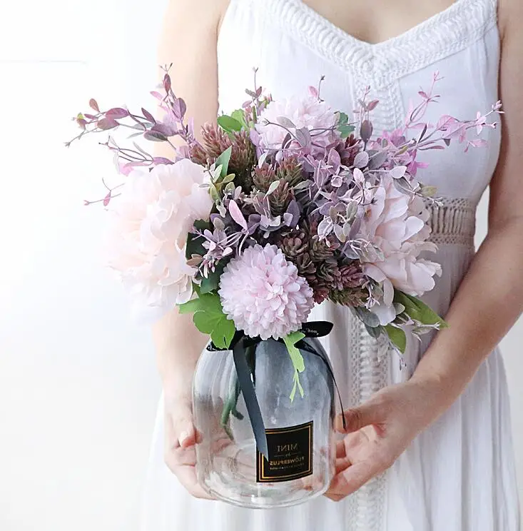 Modern Glass Vase+Artificial Flower Set Decor Home Desktop Furnishing Craft Decoration Livingroom Silk Fake Pot Ornaments | Дом и сад