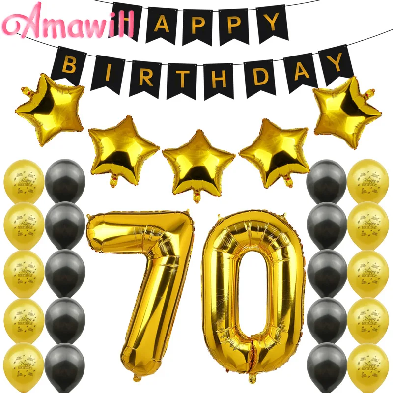 Amawill 70th день рождения комплект украшений для вечеринки с днем рождения баннер золотой черный шар идеальный 70 лет вечерние принадлежности 75D
