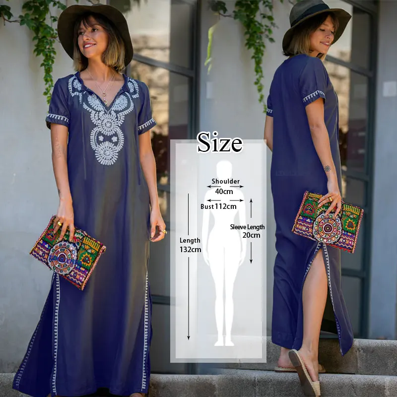 N595-Blue-645 Черное индийское народное турецкое кафтановое пляжное платье, сексуальное женское летнее платье с v-образным вырезом на спине и полурукавом размера плюс N645 - Цвет: N595-Blue-645