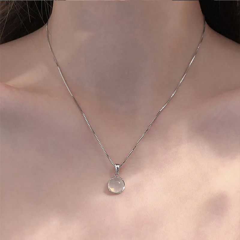 S925 Sterling Silver White Round Pendant Necklaces Luxury Women Fine Jewelry Clavicle Chain Short Necklace | Украшения и