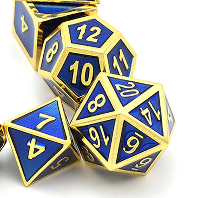 XSXS--A Набор из 7 игральных костей блестящий золотой отделки с королевской синей