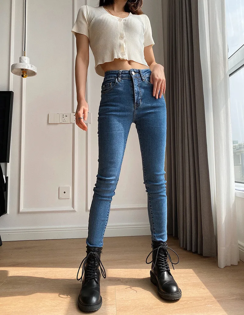 

2021 New Summer street fashion solid color thin mid-rise jeans women, washing skinny skinny thin elastic feet denim trousers
