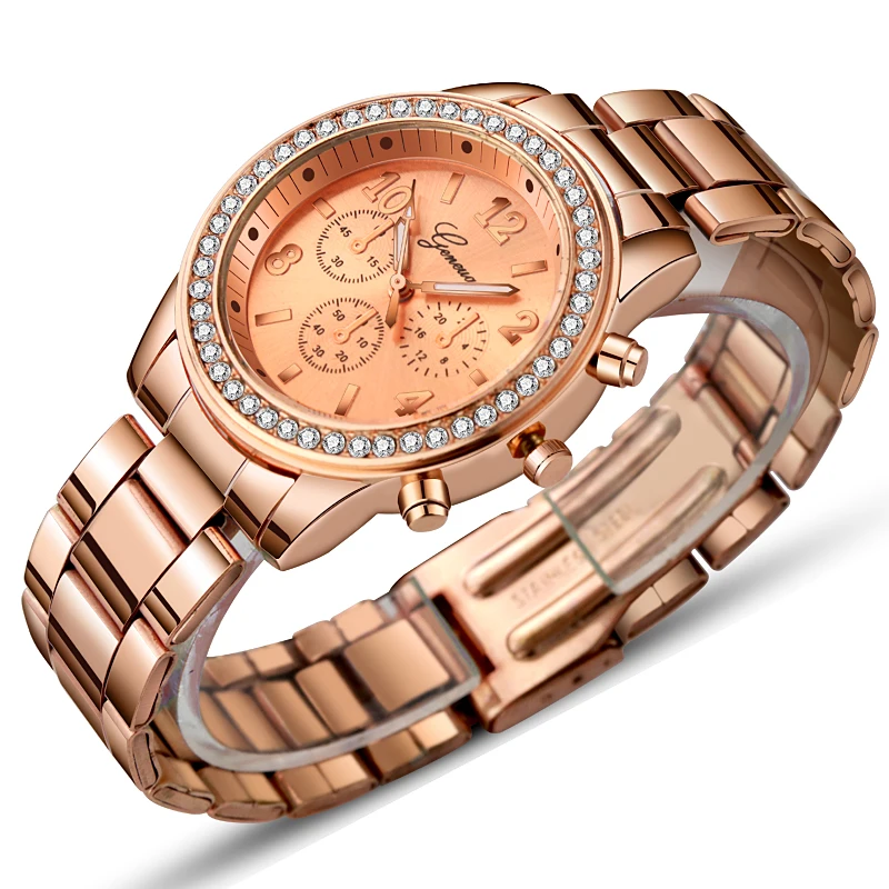 Geneva Brand Women's Watch Fashion Diamond Stainless Steel Luxury Ladies For Women Wristwatch relogio feminino reloj mujer | Наручные