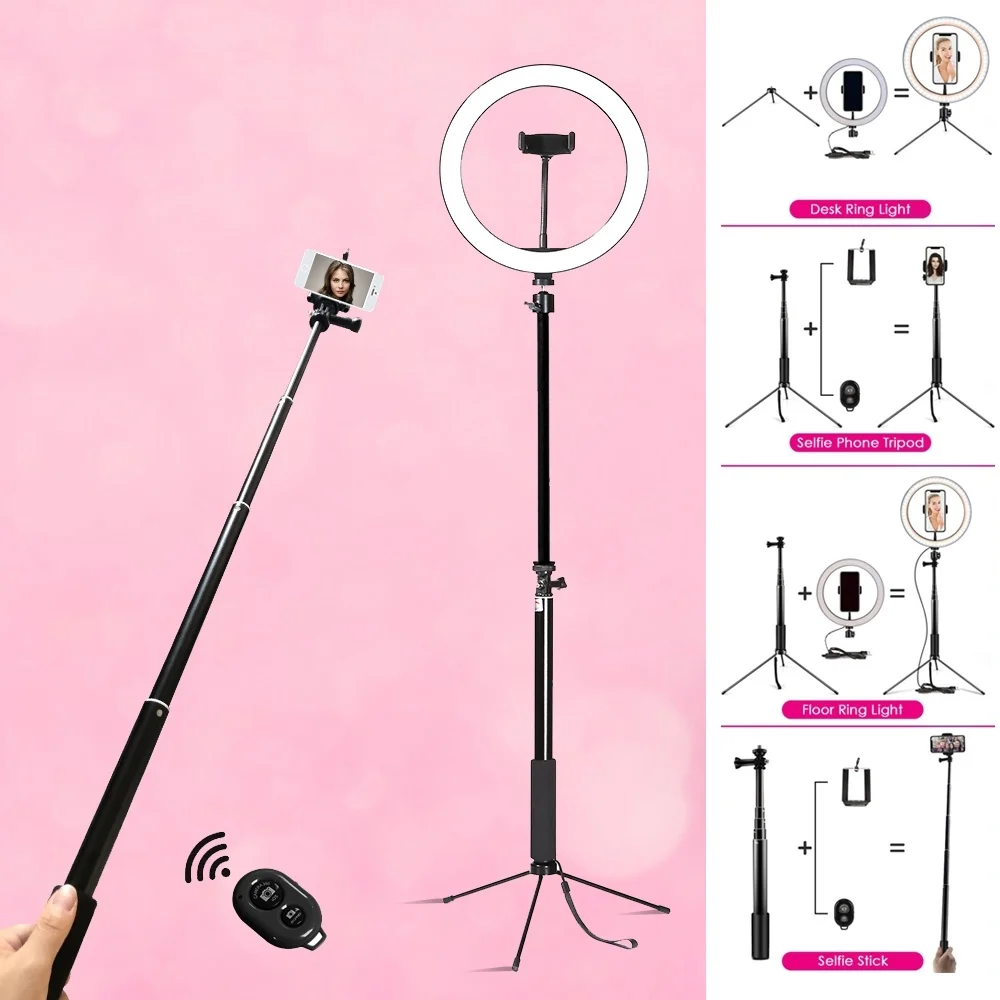 

Handheld & Tripod 3 in 1 Extendable Monopod Phone Selfie Stick Ring Light with Wireless Remote Shutter Beauty Dimmable Ring Lamp