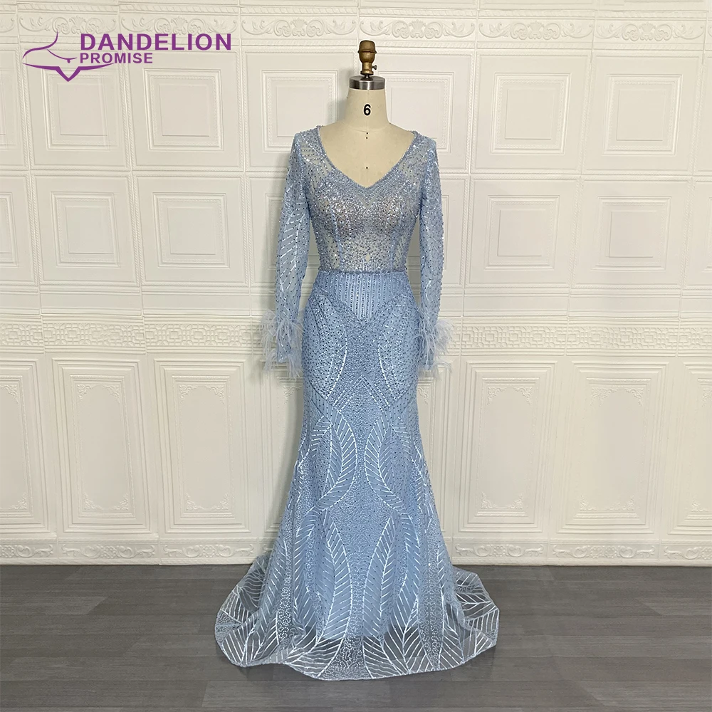 

Luxury Blue Mermaid Evening Dresses For Women 2021 Beading Feathers V­-Neck Long Sleeves Handmade Formal Party Gowns