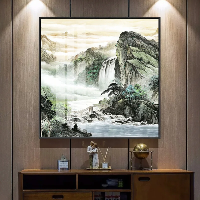 

Chinese Style Ink Landscape Green Mountains Lakes And Rivers Canvas Painting Wall Picture Printing Poster Living Room Decoration