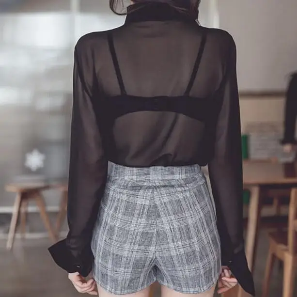 Сексуальные женские блузки топы 2020 черные шифоновые со стоячим воротником и