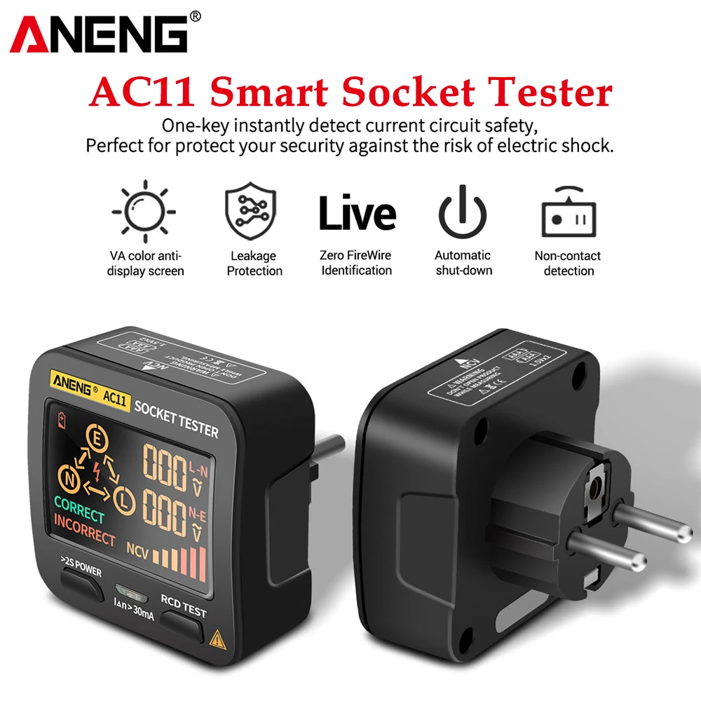 

Цифровой смарт-тестер ANENG AC11, детектор напряжения с вилкой US/UK/EU/AU, нулевая линия, проверка фазы, тест Rcd NCV