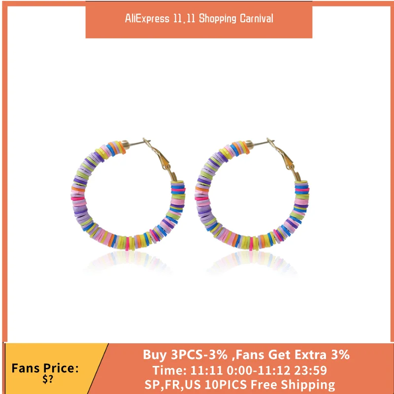 

KOJ Bohemia Multicolor Hoop Earrings For Women 2021 Fashion Female Girls Pop Y2K Jewelry 5cm Big Circle Soft Pottery Earrings