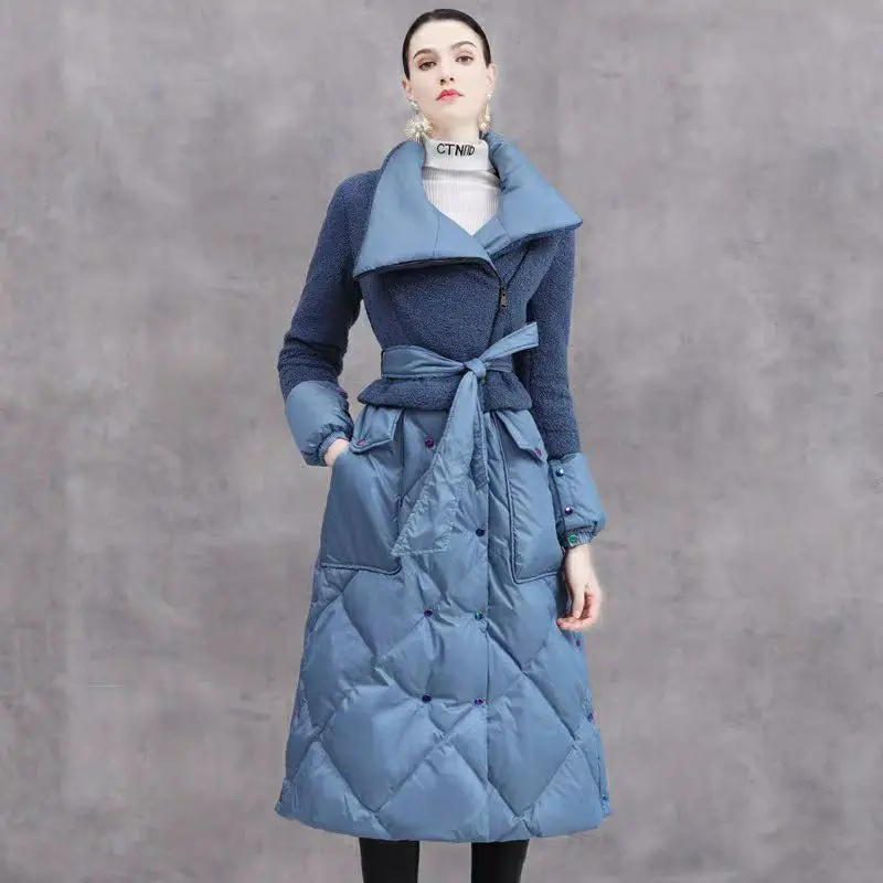 

Classical Duck Down Filler Female Jacket Turn Down Collar A-Line Full Sleeve Belt Double Breasted Zipper Jacket For Women
