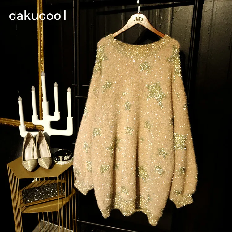 Cakucool New Designer Long Sweater Women Round Neck Shiny Stars Loose Korean Sweaters Slim Chic Lurex Spring Jumper Femme