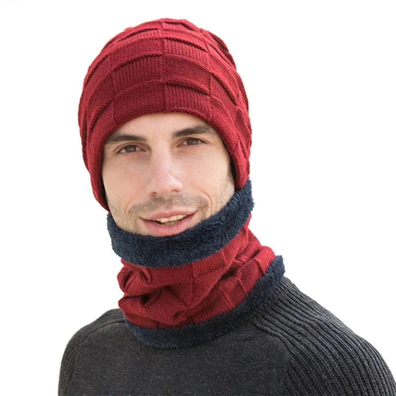 wine red2 Комплект из 2 предметов, повседневная шапка+ шарф, модный мужской комплект, новинка, зимние теплые вязаные плотные шапки с черепом и мягкие плюшевые шерстяные шарфы - Цвет: wine red2