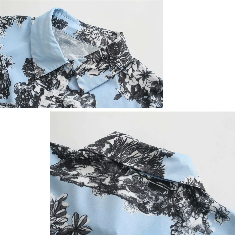 

Women Shirt Dresses Mid-Length Print Single-Breasted Lace-Up Dress European American Spring Temperament Commuter Ladies Dress