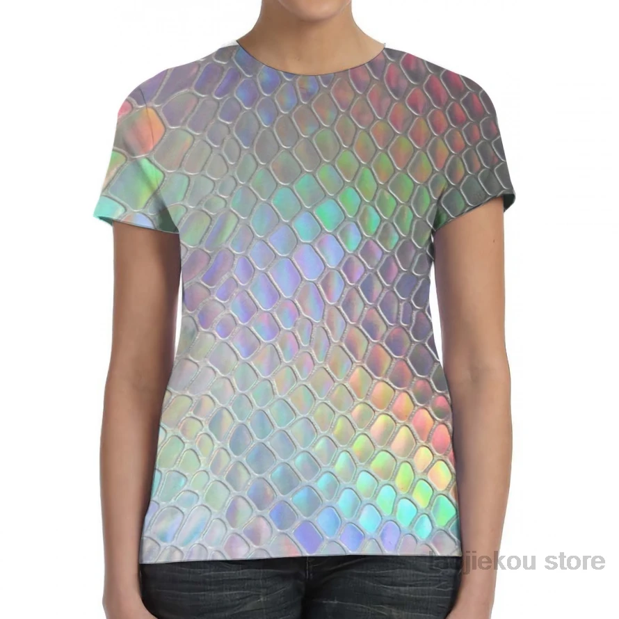 Women Holographic croc/мужская футболка с принтом для женщин; модная футболка для девочек; футболки для мальчиков; летние футболки с короткими рукавами - Цвет: Women