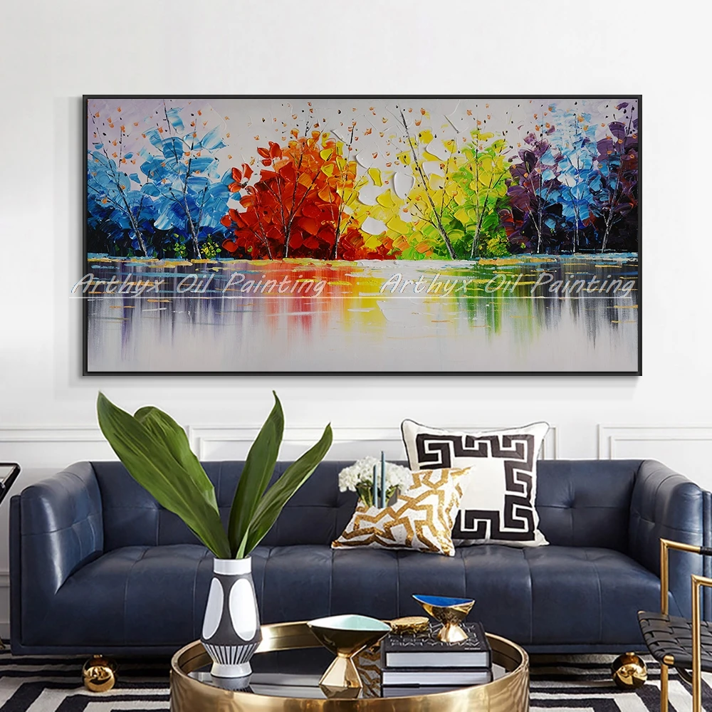 

Arthyx,Abstract Tree With Beautiful Leaves By The River Handpainted Oil Paintings On Canvas,Modern Wall Art For House Decoration