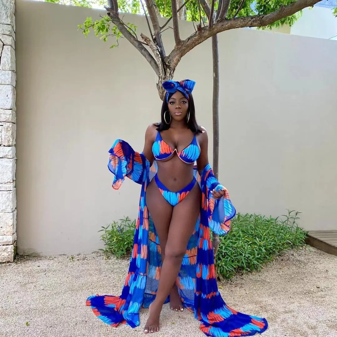 Tie Dye Print Bikini 2021 Summer Beach Wear Swimsuit Sexy Long Cover Up High Waist 3 Piece Set Women Swimwear Bikini Set Women