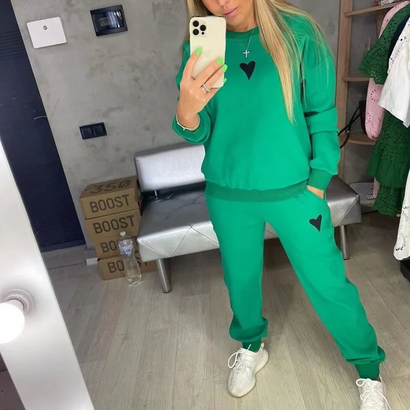 

Donsignet Casual Sports Womens Suits Autumn Winter New Solid O-Neck Love Sweater Suit Two-piece Suit