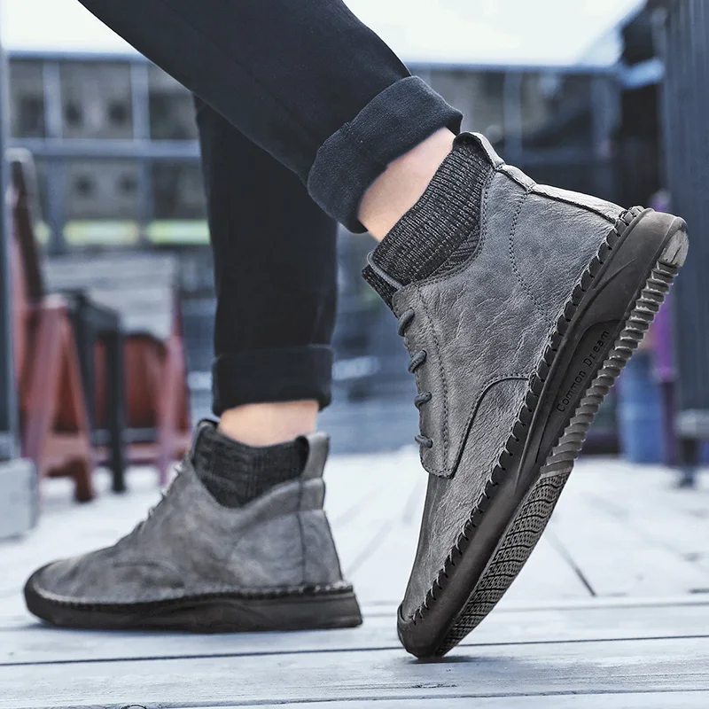Модные мужские зимние ботинки плюшевые теплые Водонепроницаемые кожаные