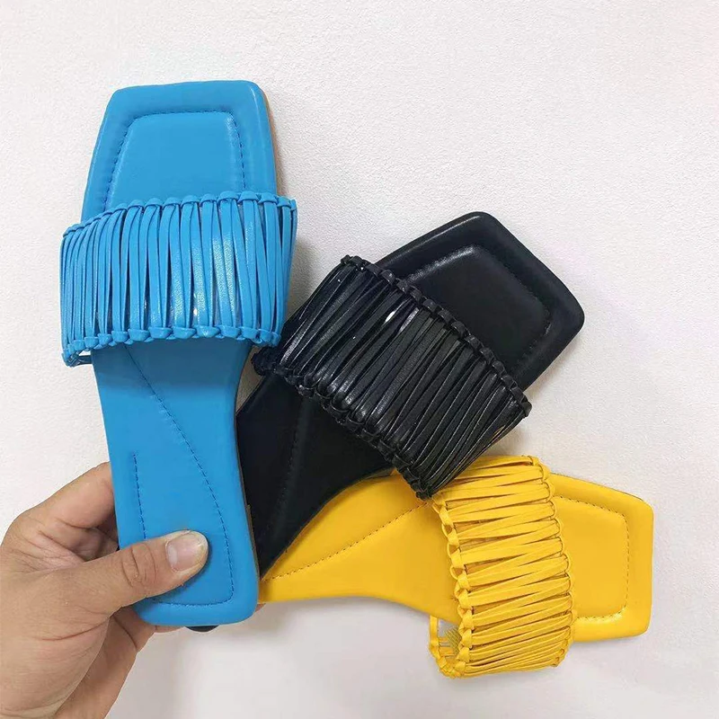 

Женская обувь квадратный носок тапочки женские Ткань однотонная обувь на плоской подошве; Женская обувь 2021 Новинка, верх-сшитая кожа, с откр...