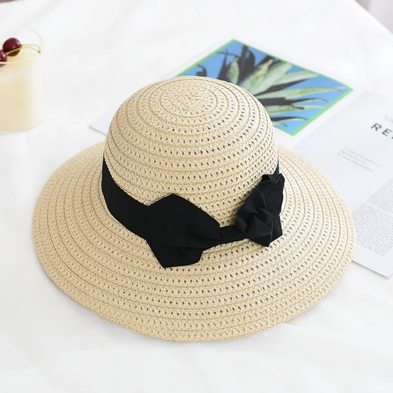 

2021 New Lady Boater Sun Caps Ribbon Round Flat Top Straw Fedora Panama Hat Summer Hats for Women Straw Hat Snapback Gorras