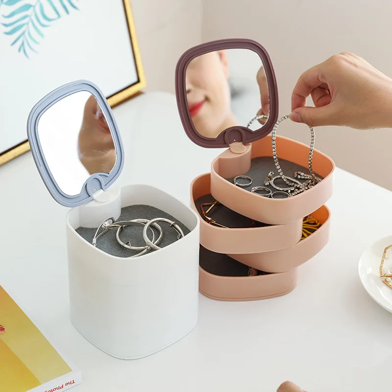 

360° Rotating Desktop Jewelry Storage Box Multi-layer Creative with Lid and Mirror Dustproof Display Cases