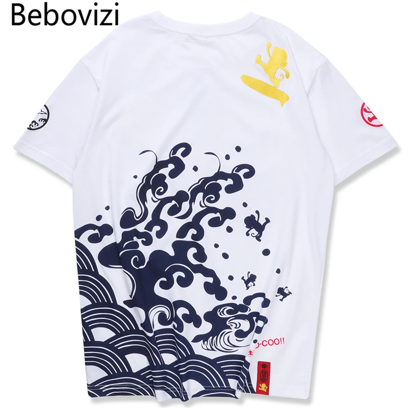 

Bebovizi Japanese Style Wave Streetwear TShirts Mens Embroidery Short Sleeve T-shirts Harajuku Hip Hop Cotton Loose Tees Shirts
