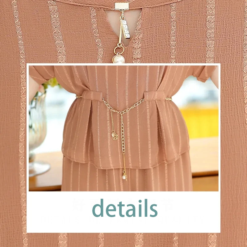 

Fashion Sashes chain short sleeves top+Elastic Waist Wide Leg Pants Korean striped two piece set women Casual plus size clothes