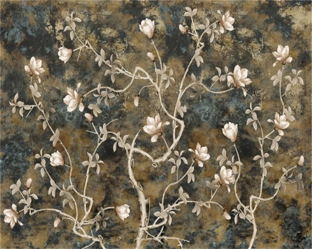 

3D Wallpaper Flower European Simple Retro Magnolia Flower Living Room Bedroom Decoration Mural Wallpaper