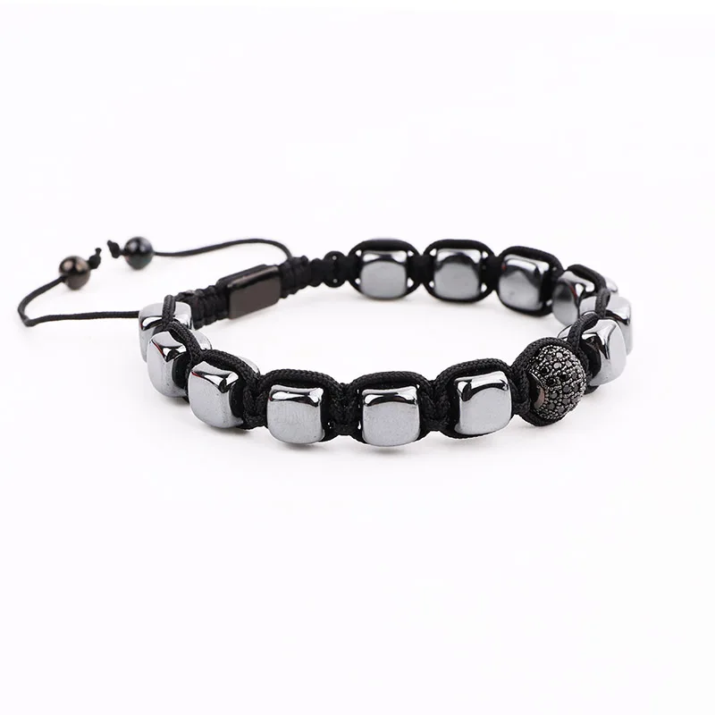 Мужской браслет Кубик из гематита фианита паве шарик ручной работы макраме