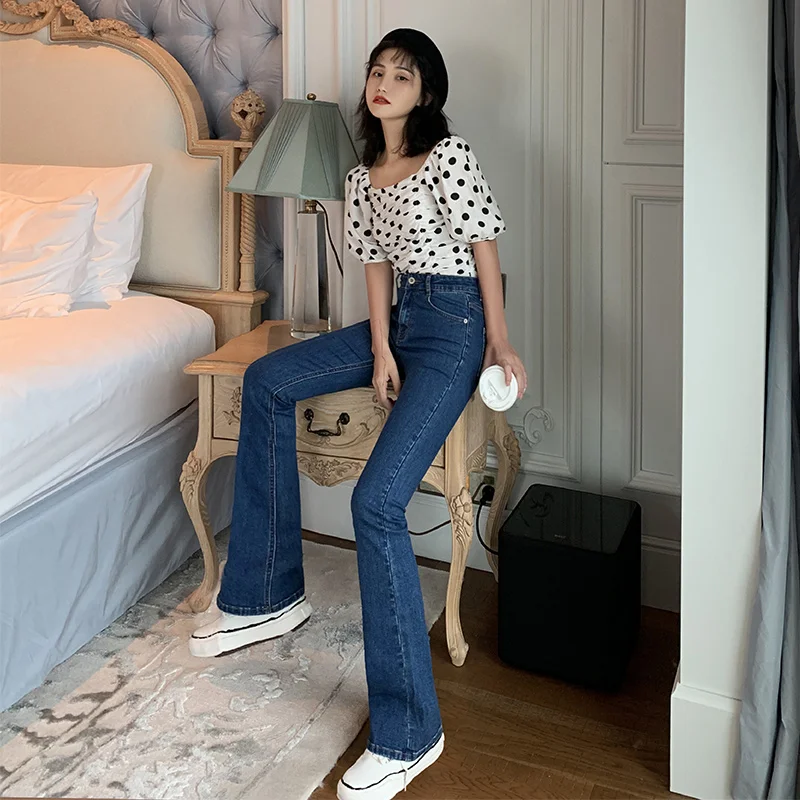 джинсы женские синие расклешенные скинни длинные джинсовые брюки винтажные 2019