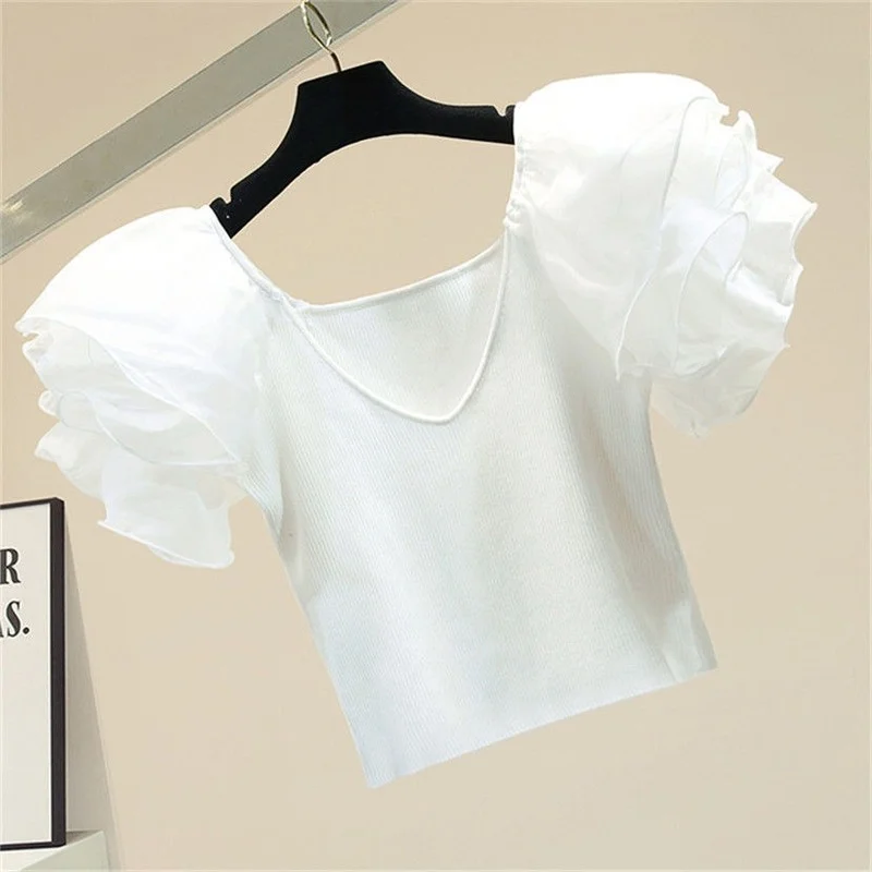 

Женская трикотажная футболка с пышными рукавами, однотонная облегающая элегантная эластичная футболка для офиса, лето 2021