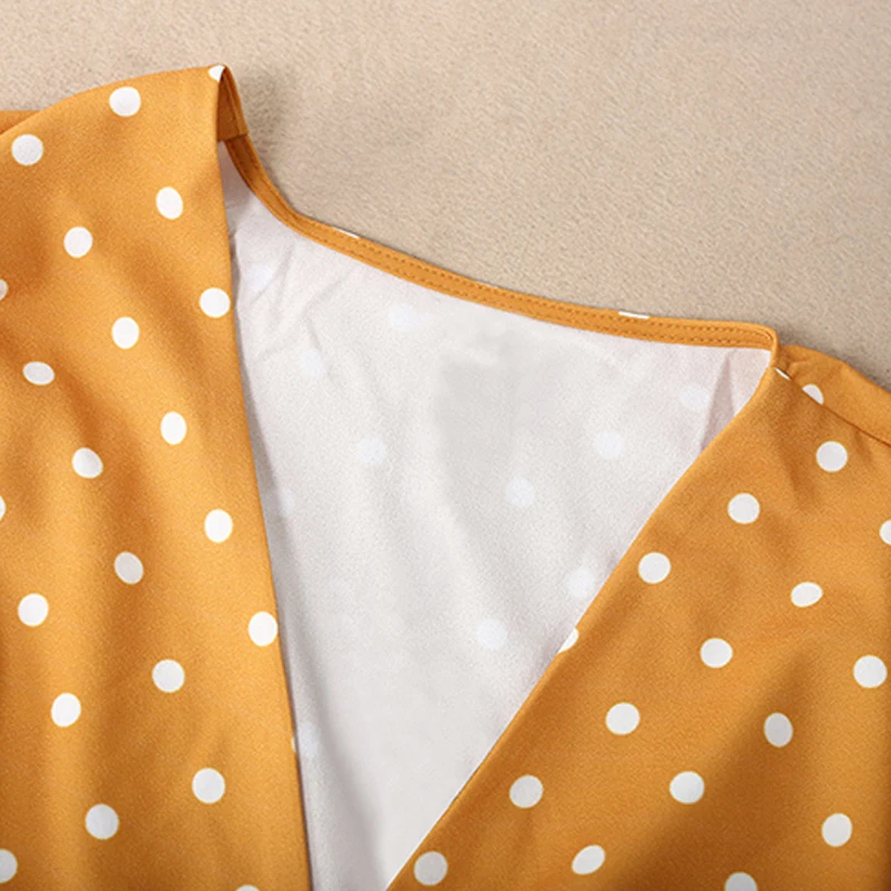 ITOOLIN Yellow Polka Dot Long Dress V-Neck High Waist Wrap A-Line Vintage Casual Women Black Dresses 2020 Spring Autumn | Женская одежда