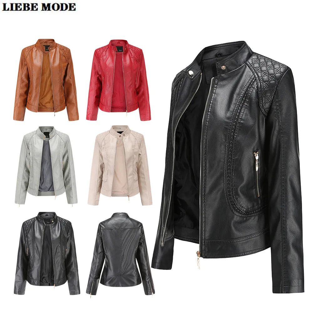 Ladies Motorcycle Biker Stand Collar Faux Leather Jacket Coat Khaki Brown Grey Red Bomber Pu Jackets for Women Slim Fit Outwear