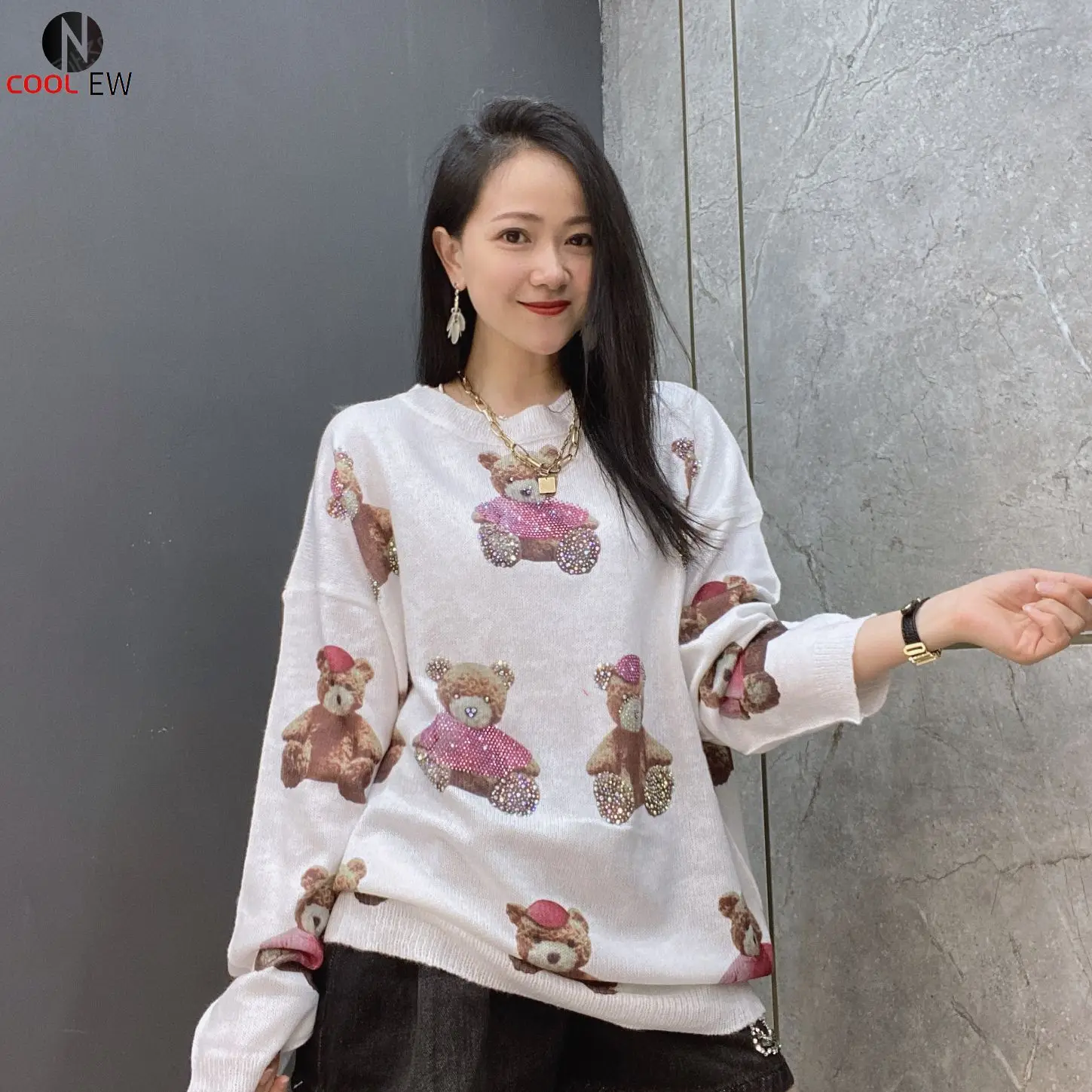 

2021new stylet shirt for Women Pattern Studded Sweater Plus Size Knitted Wear Autumn Winter Warm Jumper Clothes