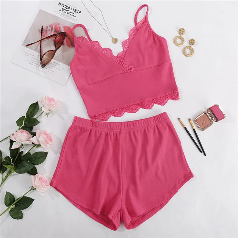 

Women Lingerie Two Pieces Summer Fashion Sexy Lace Bra Vest Tops+Shorts Nightwear Lady Solid Elastic Waist Sleepwear Pajamas set