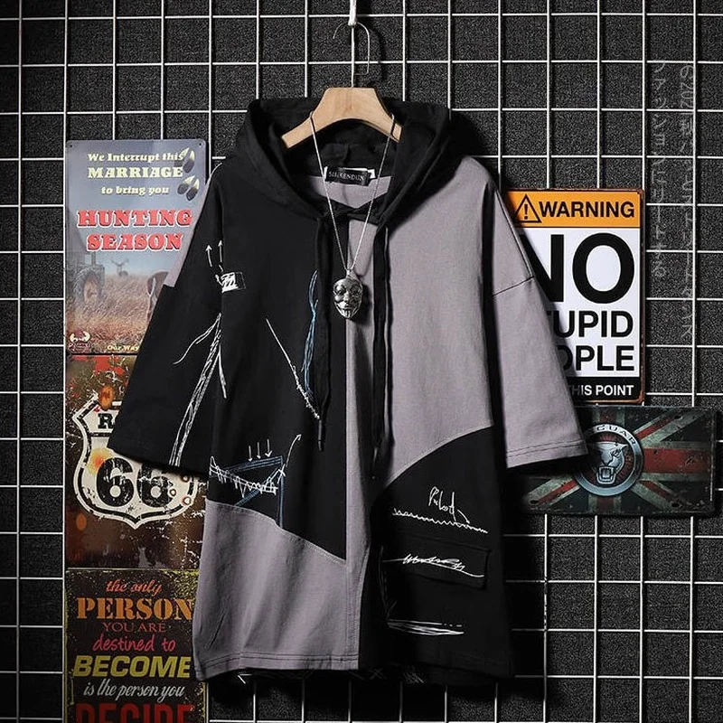 

HOUZHOU Hooded Short Sleeve T-shirts Men's Clothes Japanese Harajuku Hip Hop Summer Graphic Tees Men Streetwear Techwear 5XL