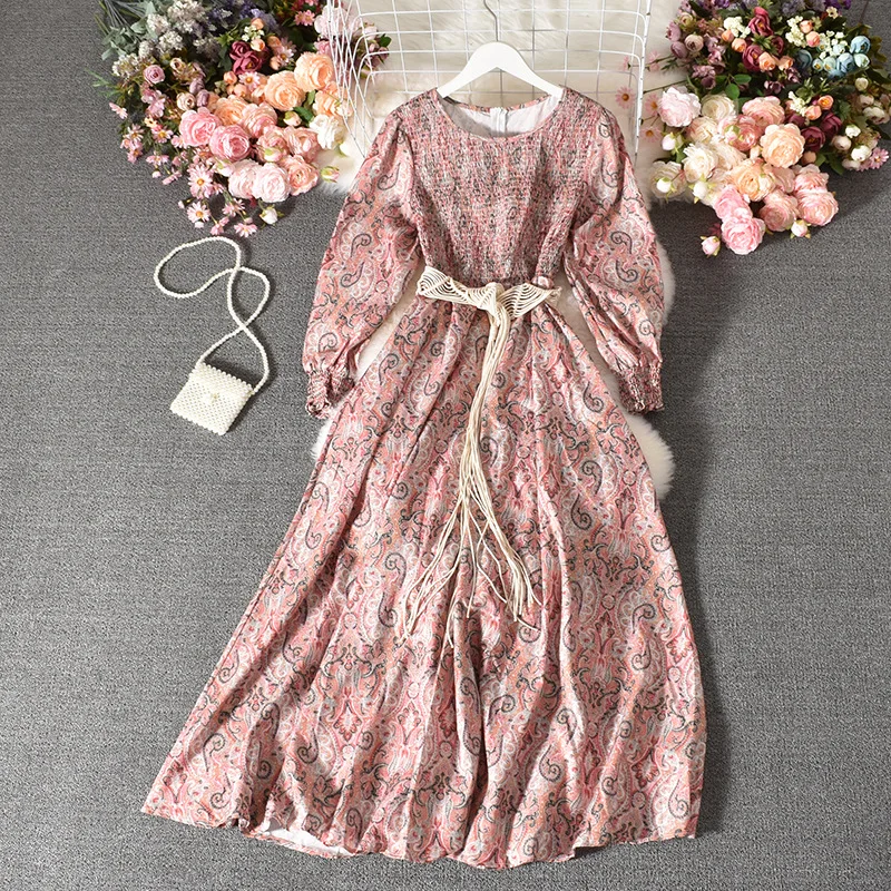 Богемное платье с поясом женские праздничные платья трапеции длинным рукавом