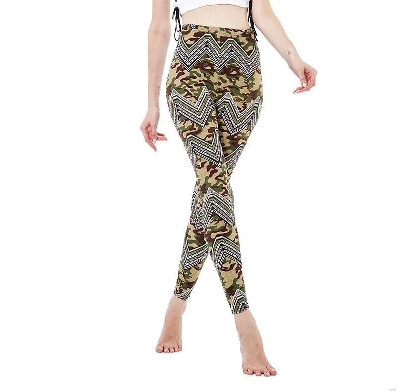

Wavy camouflage pants lady milk silk print leggings army green sports tight yoga pants 1156