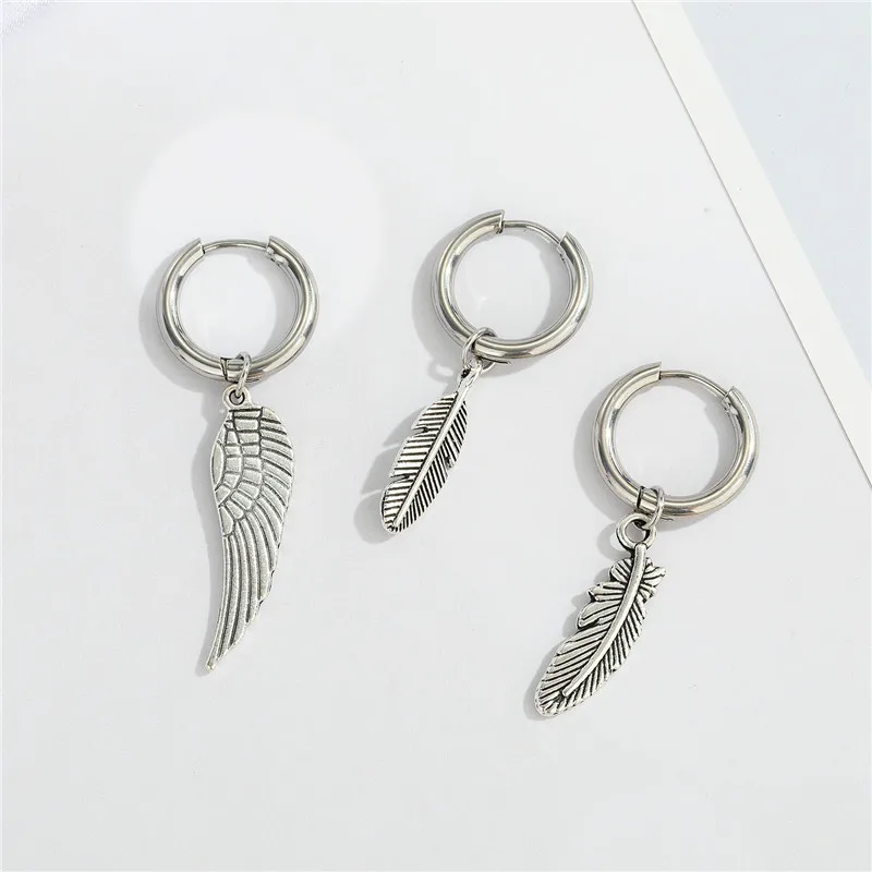 1PC Punk Hip Hop Stainless Steel Feather Earrings For Women Men Fashion Rock Leaves Wings Hoop Earrings Party Jewelry E755 images - 6