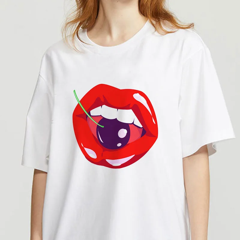 

Women T Shirt Red Lips Love Printing O Neck Short Sleeved Ladies White T-shirt Kawaii Ladies Female Clothing Casual Fishion Tee