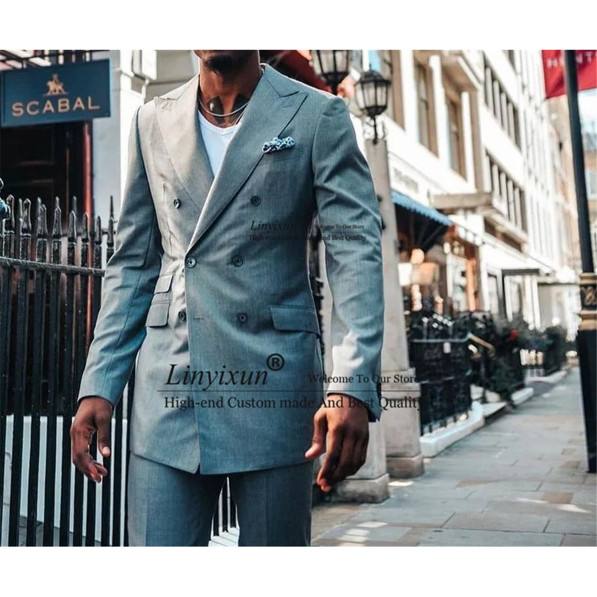

Mens Suits Grey Formal Business Slim Fit Blazer Double breasted Wedding Groom Tuxedo 2 Piece Set Costume Homme (Jacket+Pants)